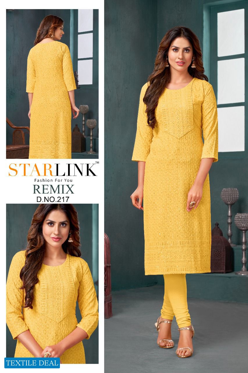 Starlink Remix Wholesale Reyon Fabrics With Schifli Work Kurtis