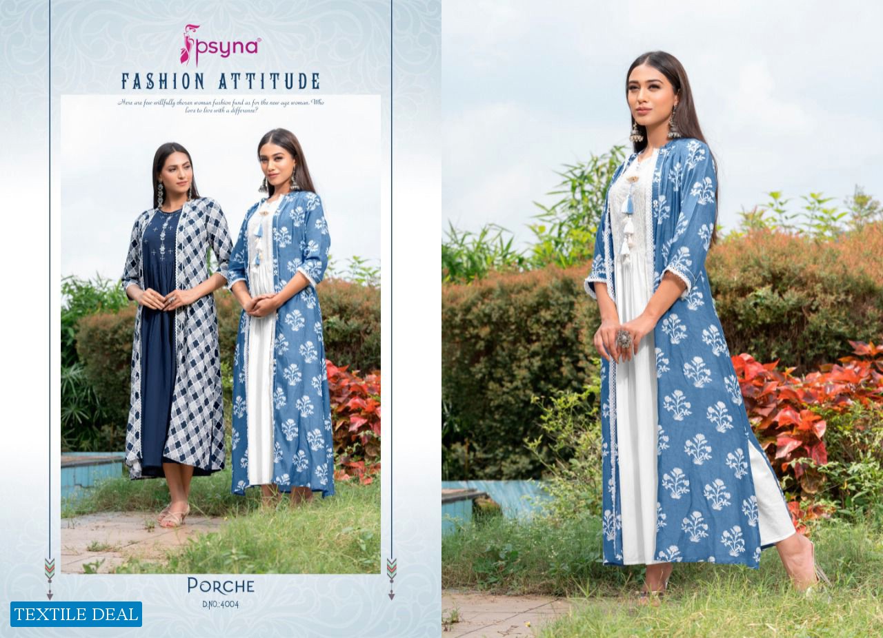 Psyna Porche Vol-4 Wholesale Long Kurti With Shrug Collection