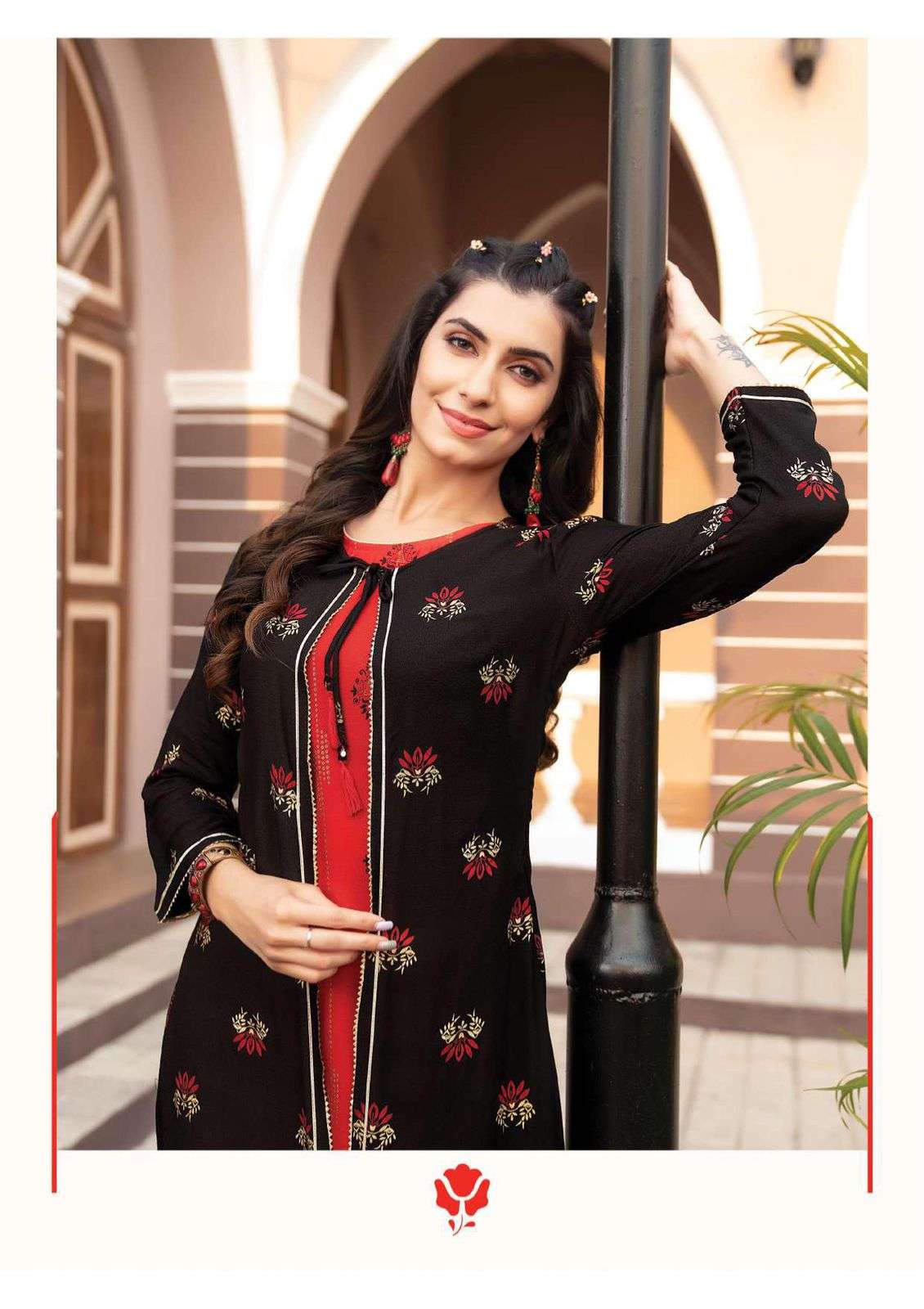 SUMMER JACKET BY HEARITAGE HEAVY RAYON & RAYON SLUB DESIGNER PRINTED FLARED KURTI WITH JACKET PATTERN & HANDWORK KURTI CATALOG WHOLESALER BEST RATE