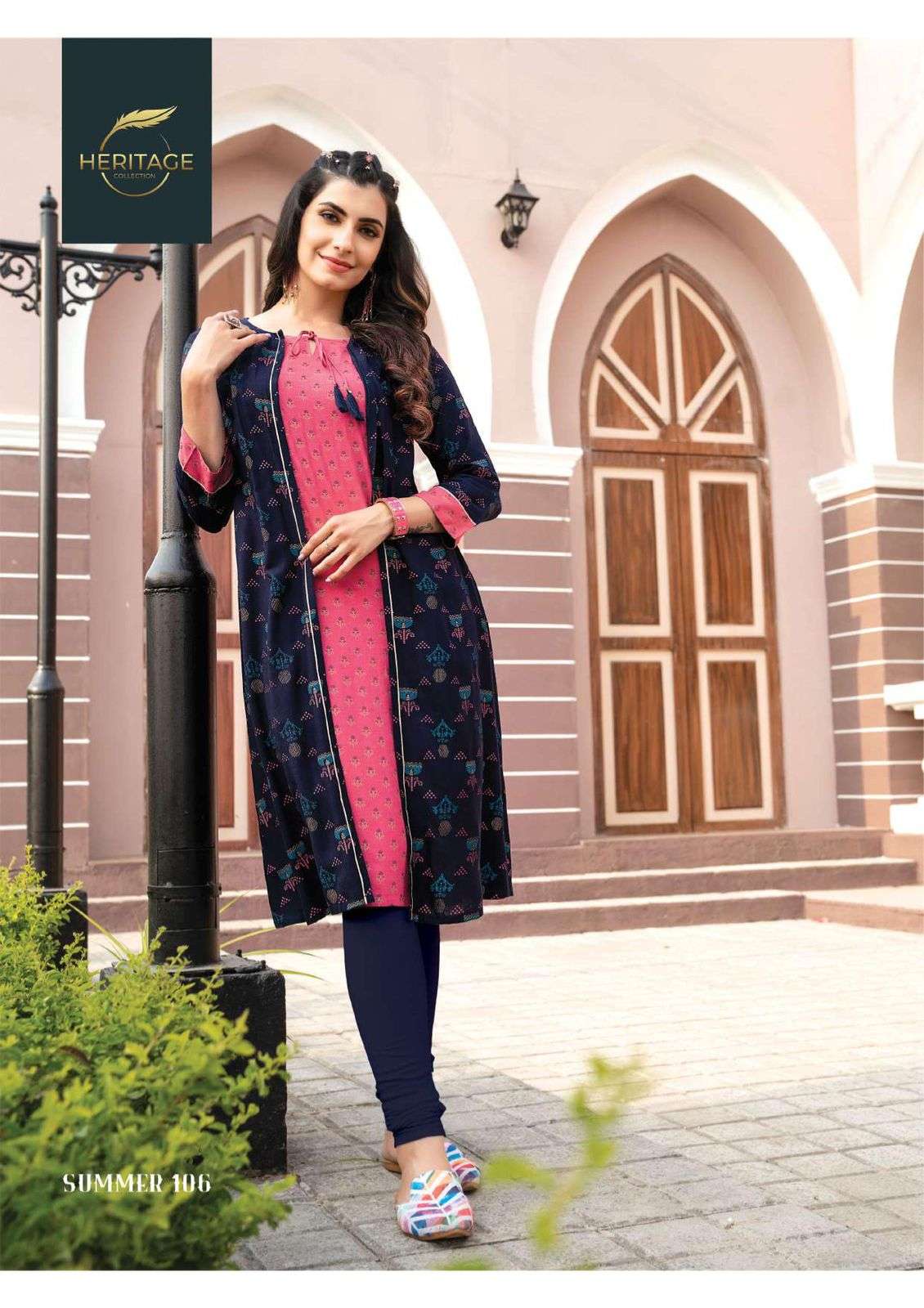 SUMMER JACKET BY HEARITAGE HEAVY RAYON & RAYON SLUB DESIGNER PRINTED FLARED KURTI WITH JACKET PATTERN & HANDWORK KURTI CATALOG WHOLESALER BEST RATE