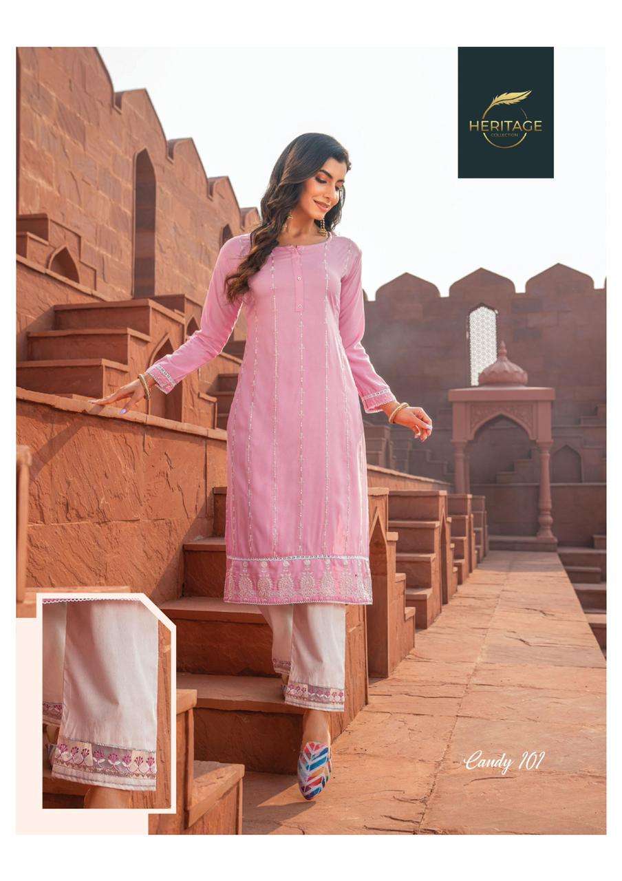 CANDY BY HERITAGE HAEVY RAYON & COTTON FLEX PANT DESIGNER KURTI WITH EMBROIDERY & FANCY PANTS WITH EMBROIDERY, LACES & EMBELLISHMENTS KURTI CATALOG WHOLESALER BEST RATE