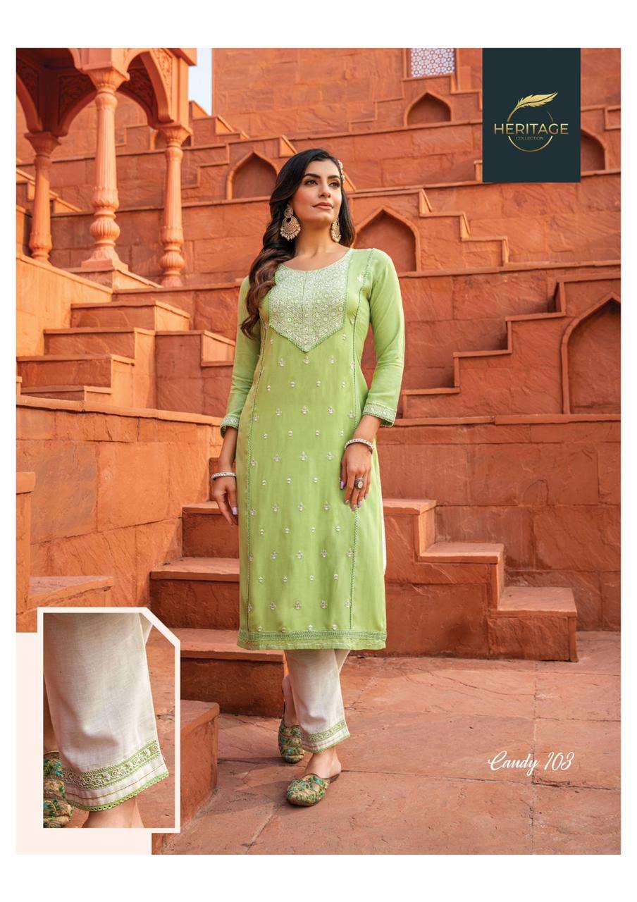 CANDY BY HERITAGE HAEVY RAYON & COTTON FLEX PANT DESIGNER KURTI WITH EMBROIDERY & FANCY PANTS WITH EMBROIDERY, LACES & EMBELLISHMENTS KURTI CATALOG WHOLESALER BEST RATE