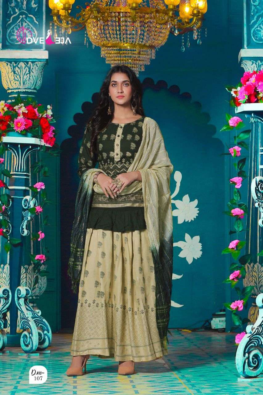 VINTAGE BY DVEEJA HEAVY RAYON TOP SKIRT AND DUPATTA GOLD FOIL PRINT CATALOG WHOLESALER BEST RATE