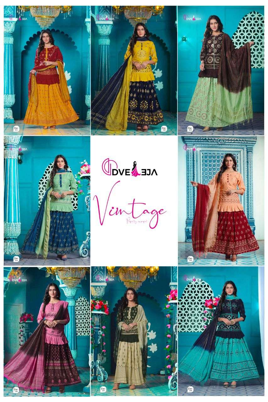 VINTAGE BY DVEEJA HEAVY RAYON TOP SKIRT AND DUPATTA GOLD FOIL PRINT CATALOG WHOLESALER BEST RATE