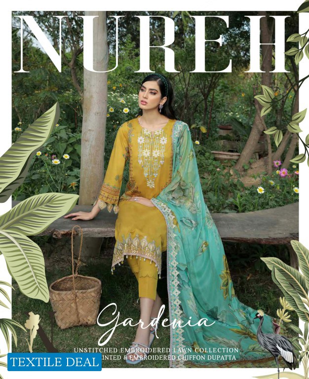 Nureh Gardenia Unstitched Embroidered Lawn Collection Pakistani Suits