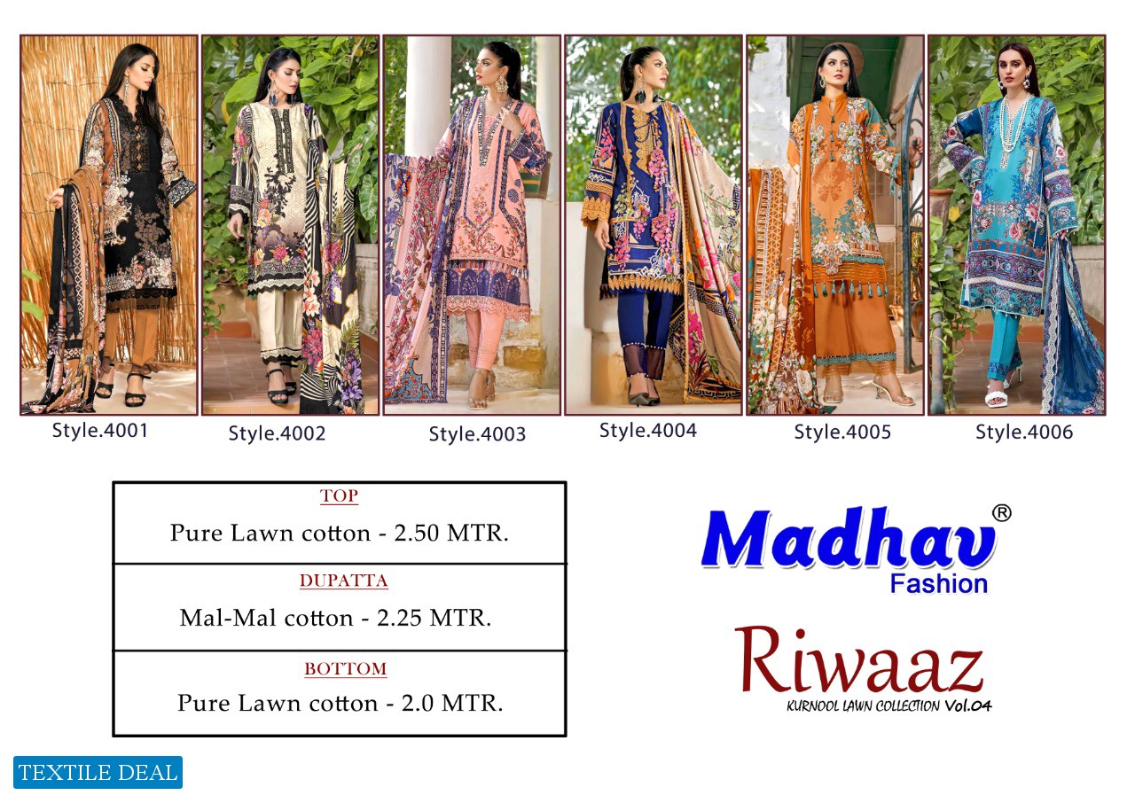 Madhav Riwaaz Vol-4 Wholesale Kurnool Lawn Collection Dress Material