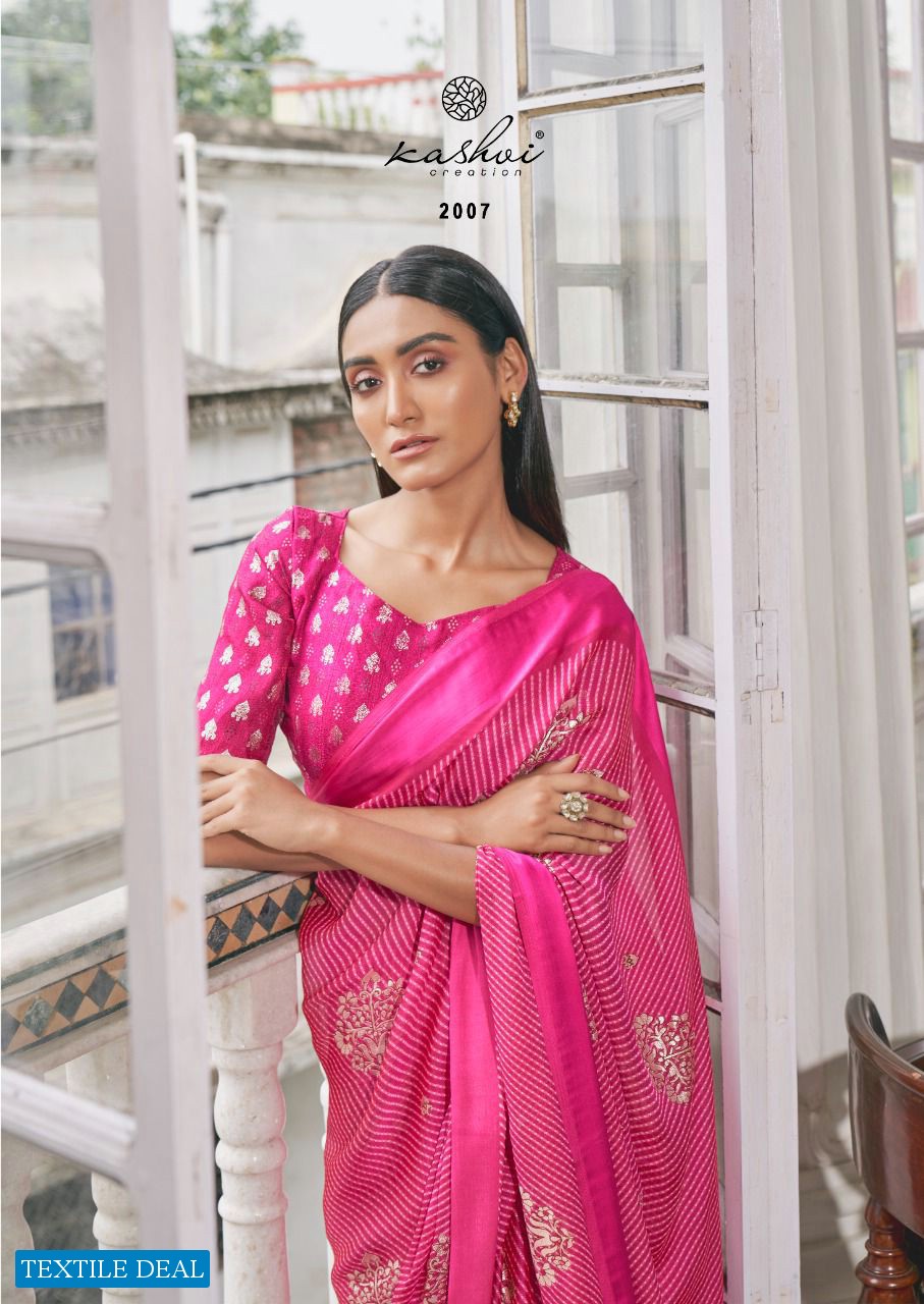 Kashvi Dori Wholesale Satin Patta Lehariya Print With Swaroski Pallu And Foil Blouse Sarees