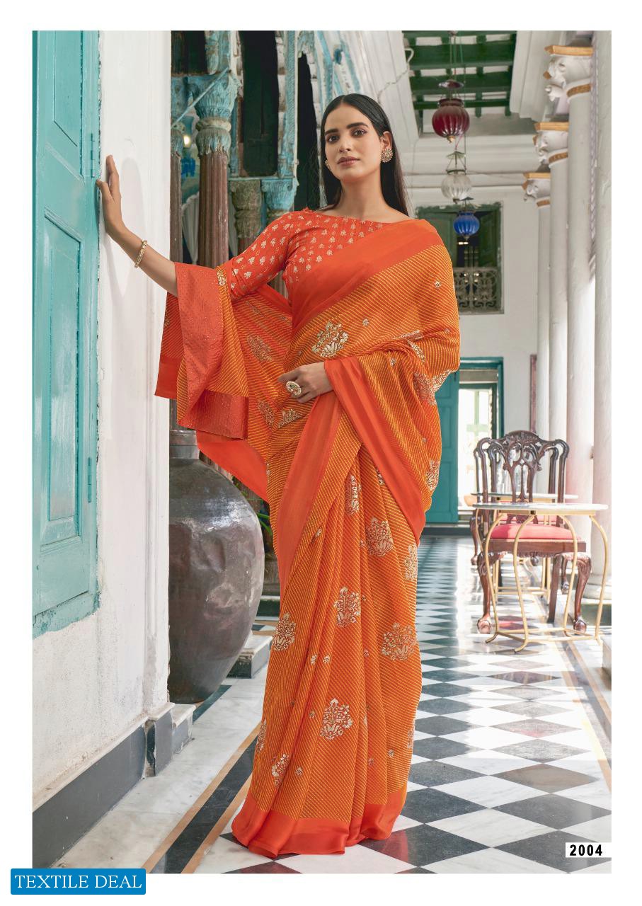 Kashvi Dori Wholesale Satin Patta Lehariya Print With Swaroski Pallu And Foil Blouse Sarees