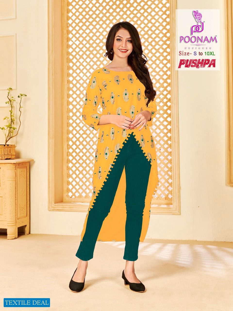 Poonam Pushpa Wholesale Reyon Heavy Foil Print With Pum Pum Lace Kurtis