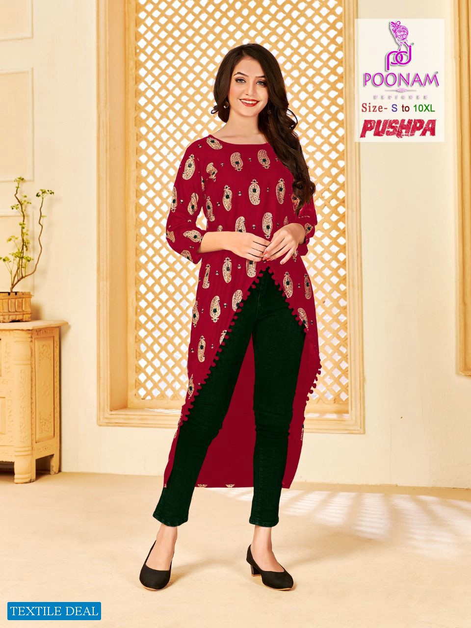 Poonam Pushpa Wholesale Reyon Heavy Foil Print With Pum Pum Lace Kurtis