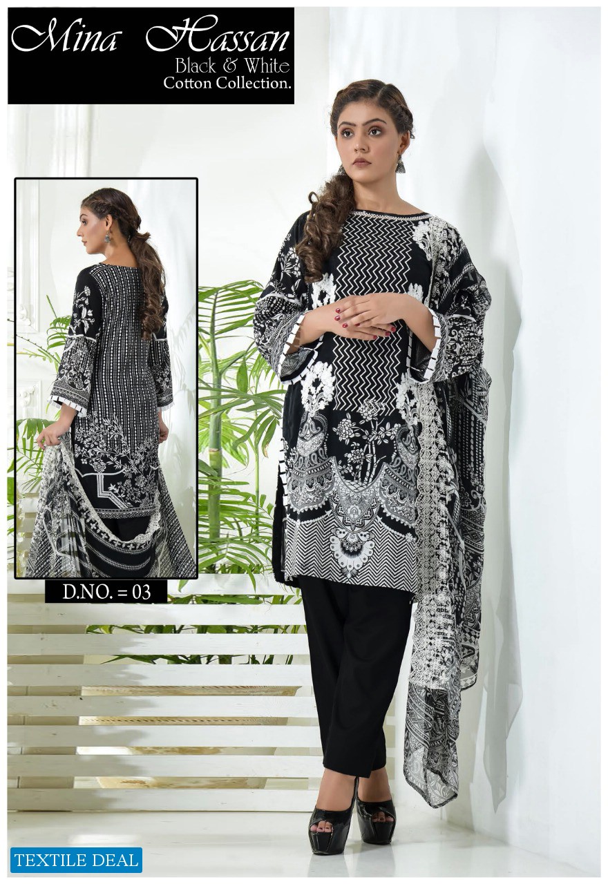 Mina Hassan Black And White Cotton Collection Printed Dress