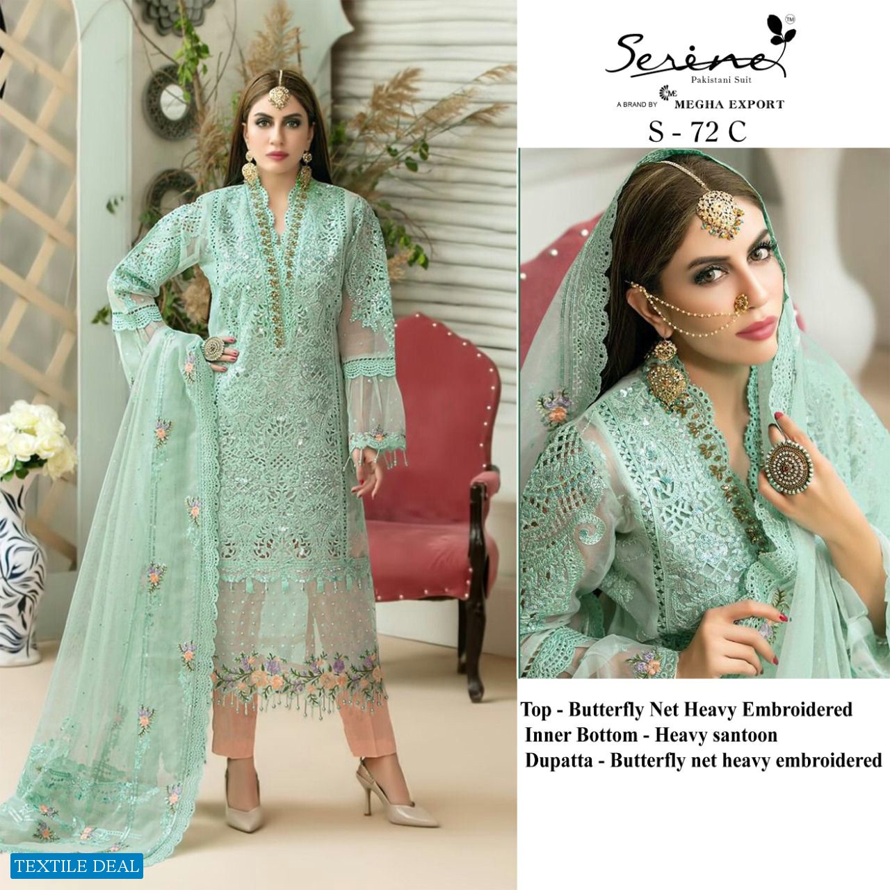 SERENE MEGHA EXPORTS S-72 SERIES NET EMBROIDERY PAKISTANI DRESSES