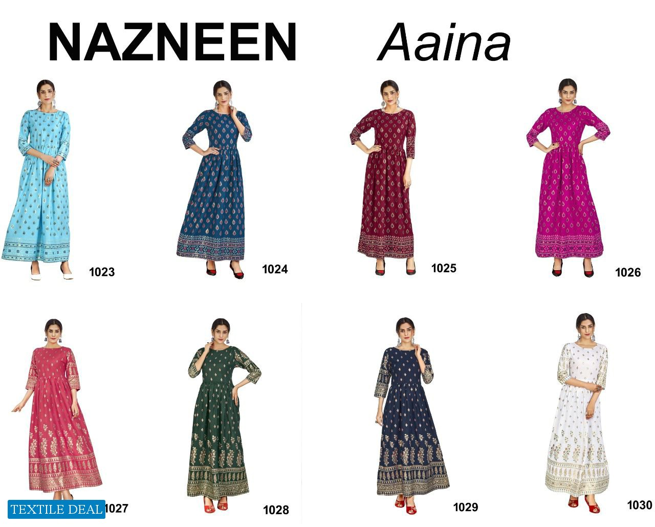 Nazneen Aaina 1023 Series Wholesale 14 Kg Reyon print Gown Catalogs