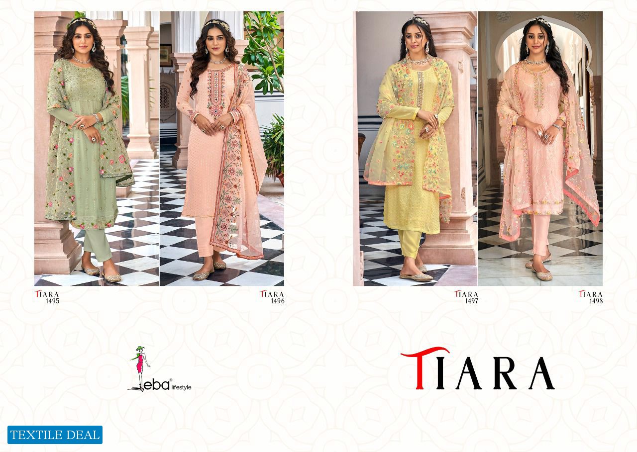 Eba Tiara Wholesale Foux Georgette And Chinon With Work Readymade Straight Salwar Suits