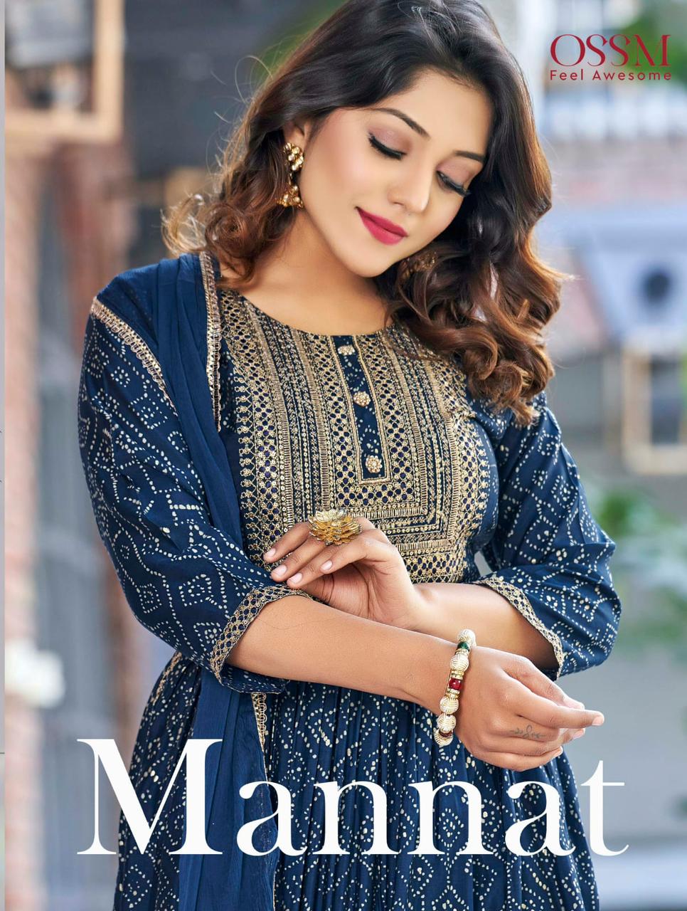 OSSM Mannat Wholesale Chanderi Modal Foil Print Kurti And Chander Bottom And Chinon Dupatta