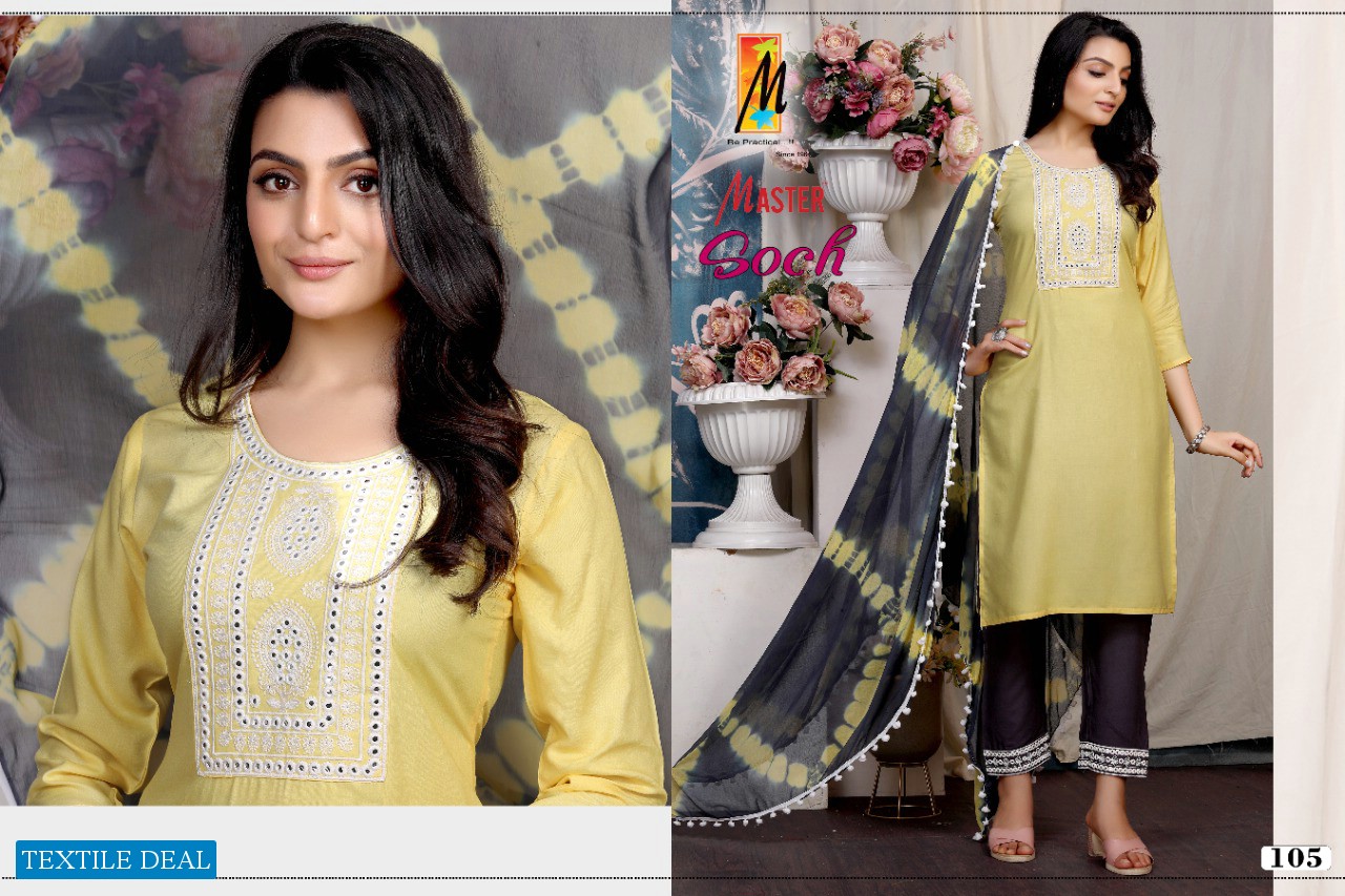 Master Soch Wholesale Readymade Reyon Work Kurti Pant And Dupatta