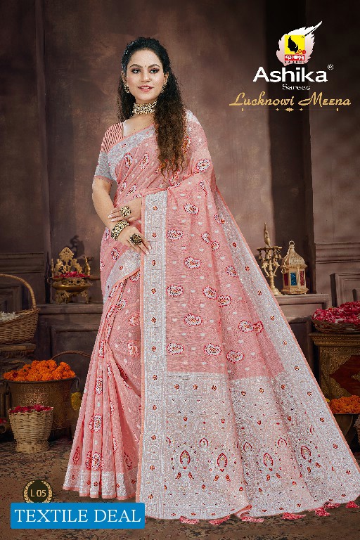 Ashika Lucknowi Meena Wholesale Linen Saree Rich Pallu Meena Work Sarees