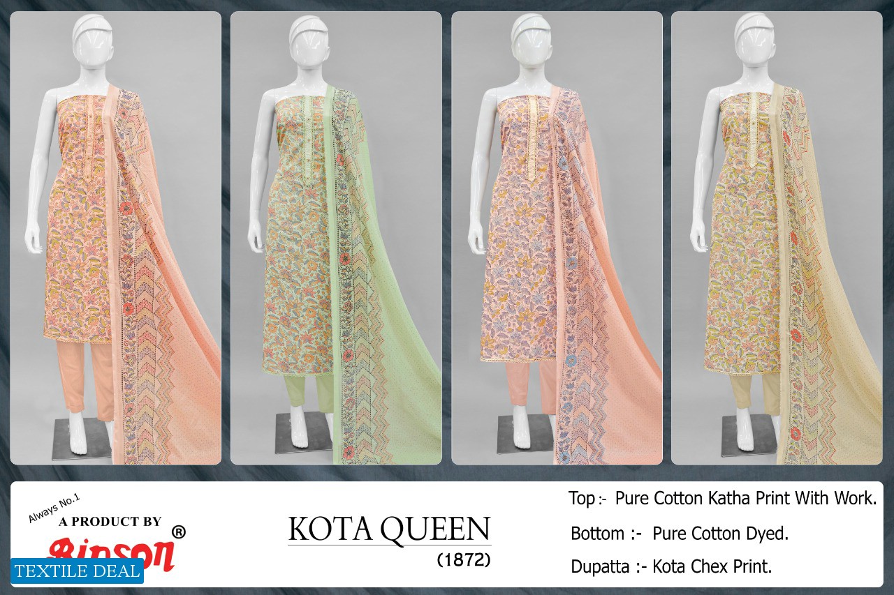 Bipson Kota Queen 1872 Wholesale Pure Cotton With Work Dress Material