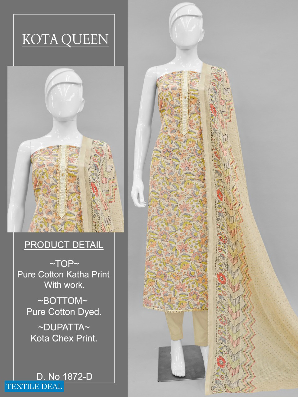 Bipson Kota Queen 1872 Wholesale Pure Cotton With Work Dress Material