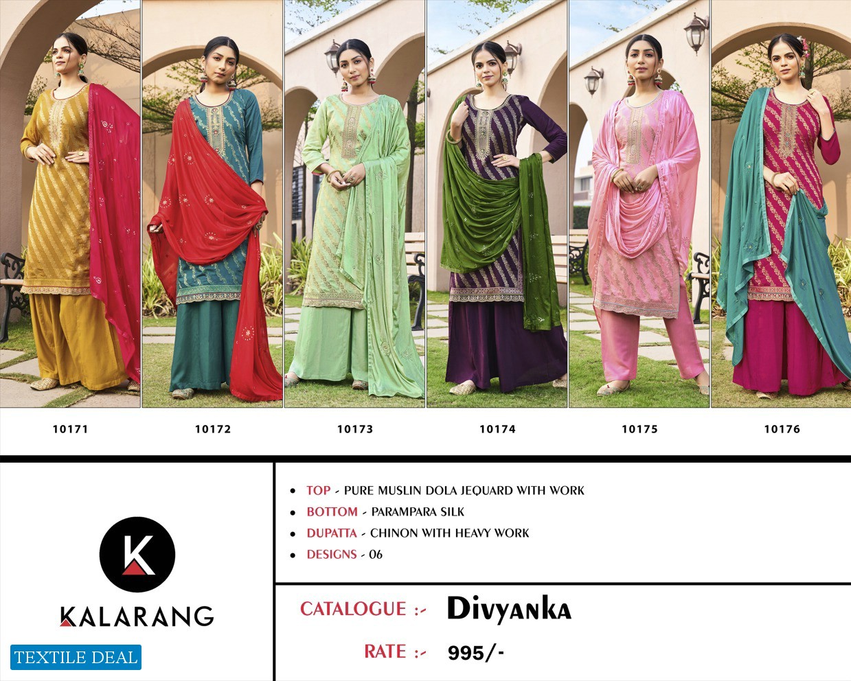 Kalarang Divyanka Wholesale Pure Muslin Dola Jacquard With Work Dress Material