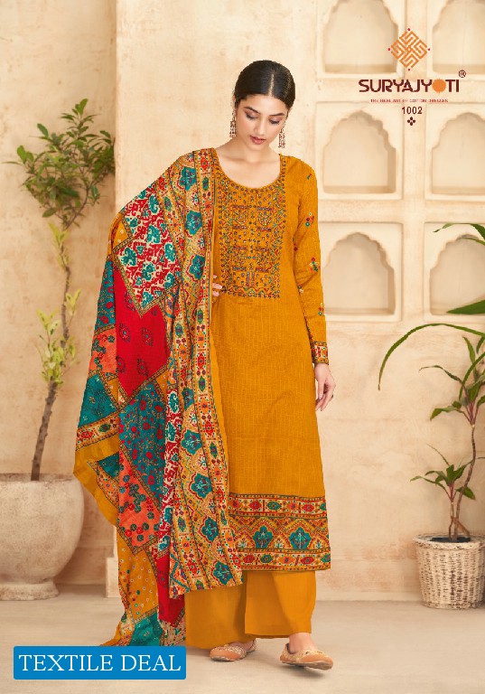 Suryajyoti Qurbat Vol-1 Wholesale Satin Cotton Neck Work And Swaroski Dress Material