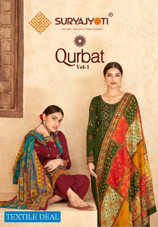 Suryajyoti Qurbat Vol-1 Wholesale Satin Cotton Neck Work And Swaroski Dress Material