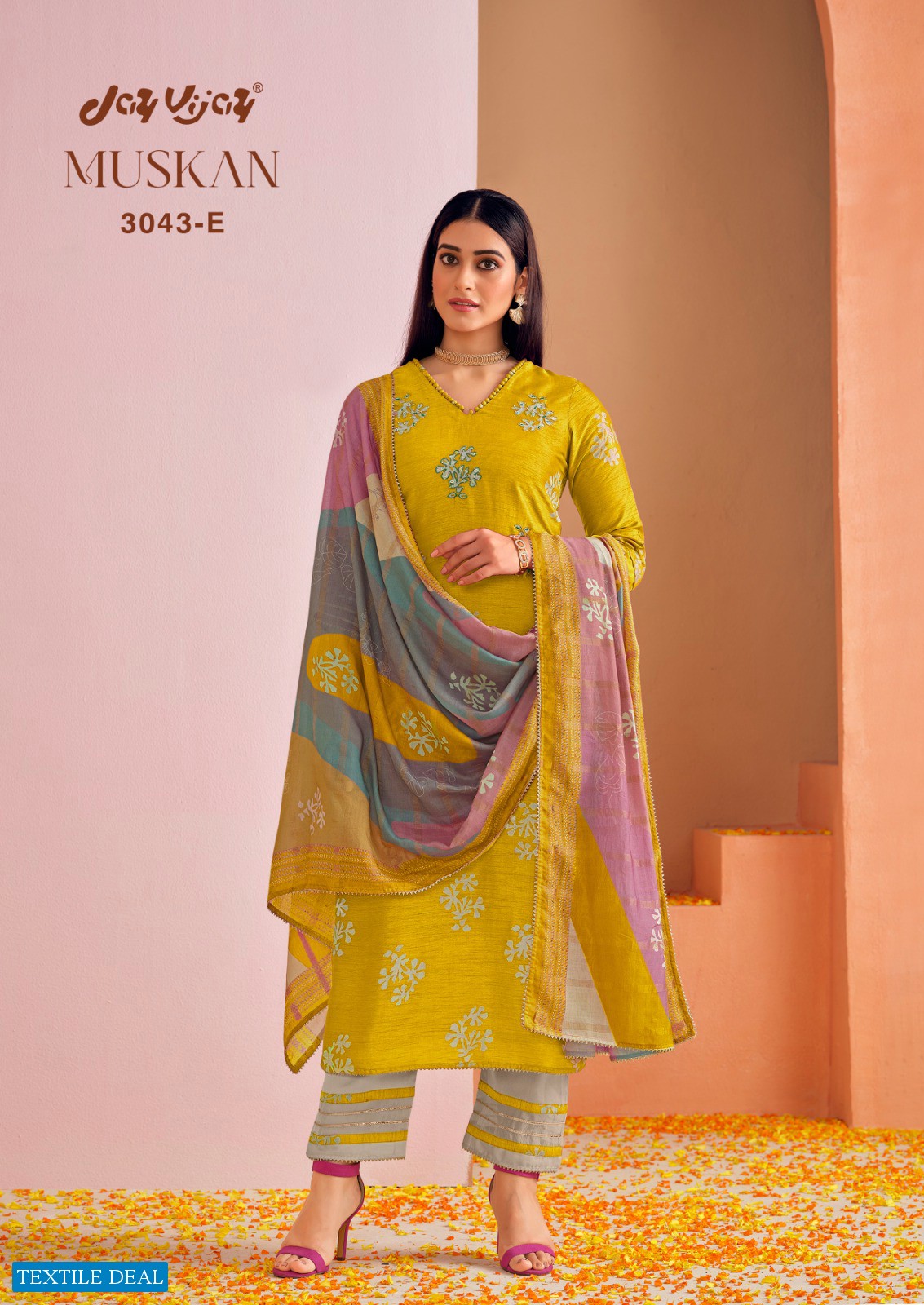 Jay Vijay Muskan 3043 Colour Wholesale Pure Bemberg Silk Block Print With Hand Work Salwar Suits