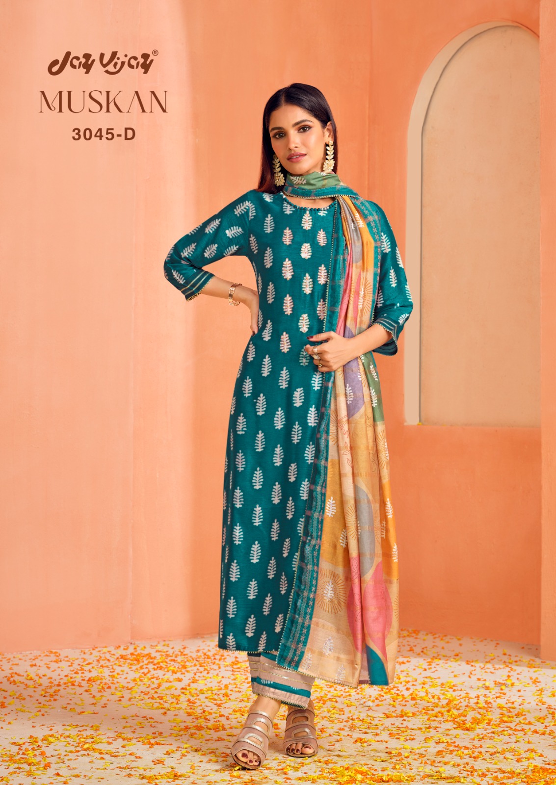 Jay Vijay Muskan 3045 Colour Wholesale Pure Bemberg Silk Block Print With Hand Work Salwar Suits