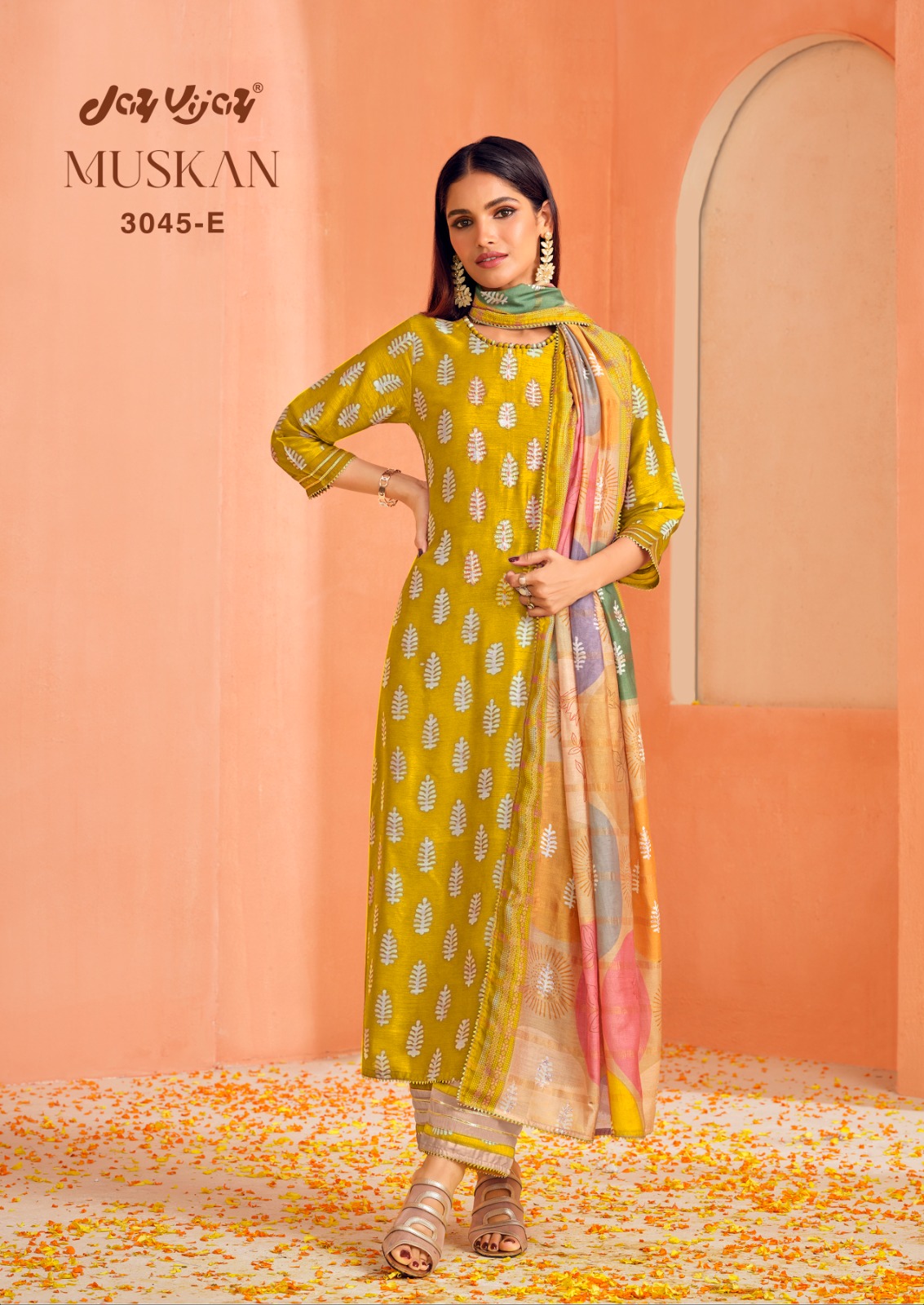 Jay Vijay Muskan 3045 Colour Wholesale Pure Bemberg Silk Block Print With Hand Work Salwar Suits