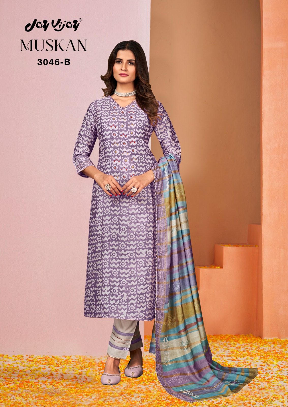 Jay Vijay Muskan 3046 Colour Wholesale Pure Bemberg Silk Block Print With Hand Work Salwar Suits