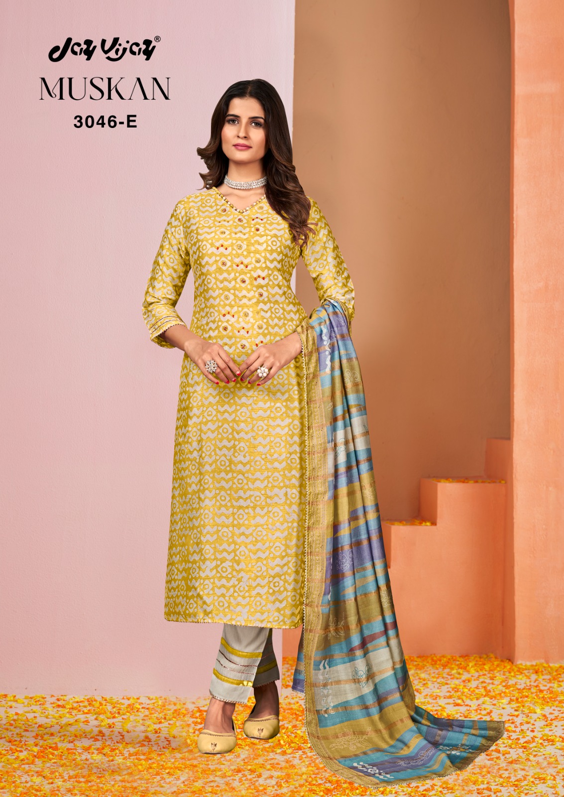 Jay Vijay Muskan 3046 Colour Wholesale Pure Bemberg Silk Block Print With Hand Work Salwar Suits