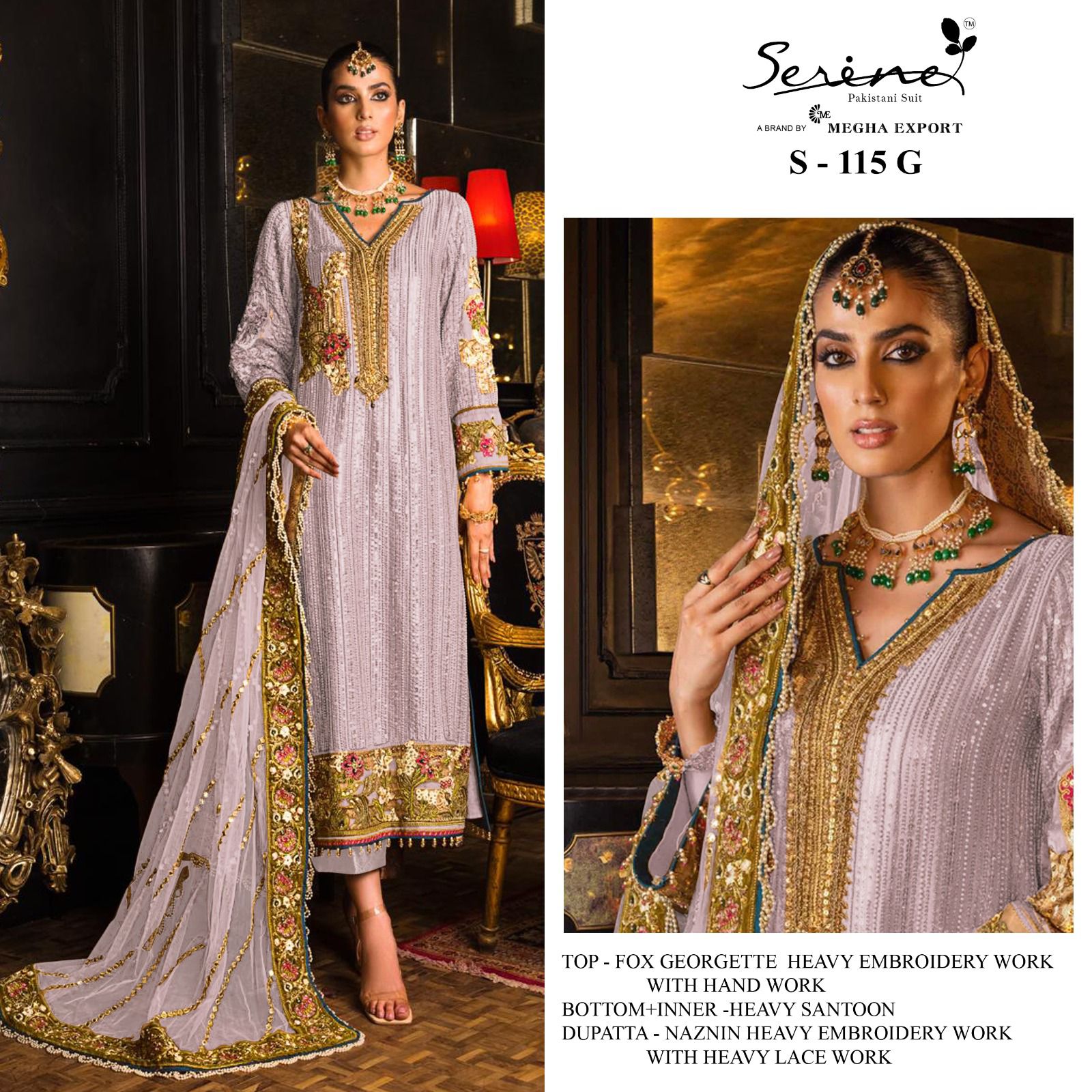 SERINE S-115 UNSTITCHED GEORGETTE EMBROIDERED HANDWORK PAKISTANI SUIT