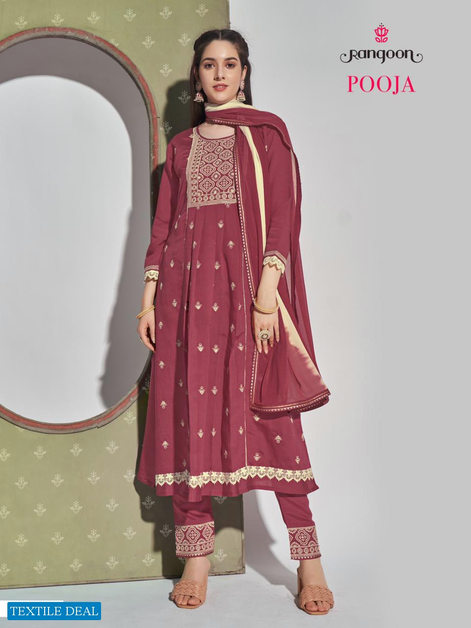 Rangoon Pooja Wholesale Viscose Cotton With Fancy Work Naira Cut Top With Pant And Dupatta