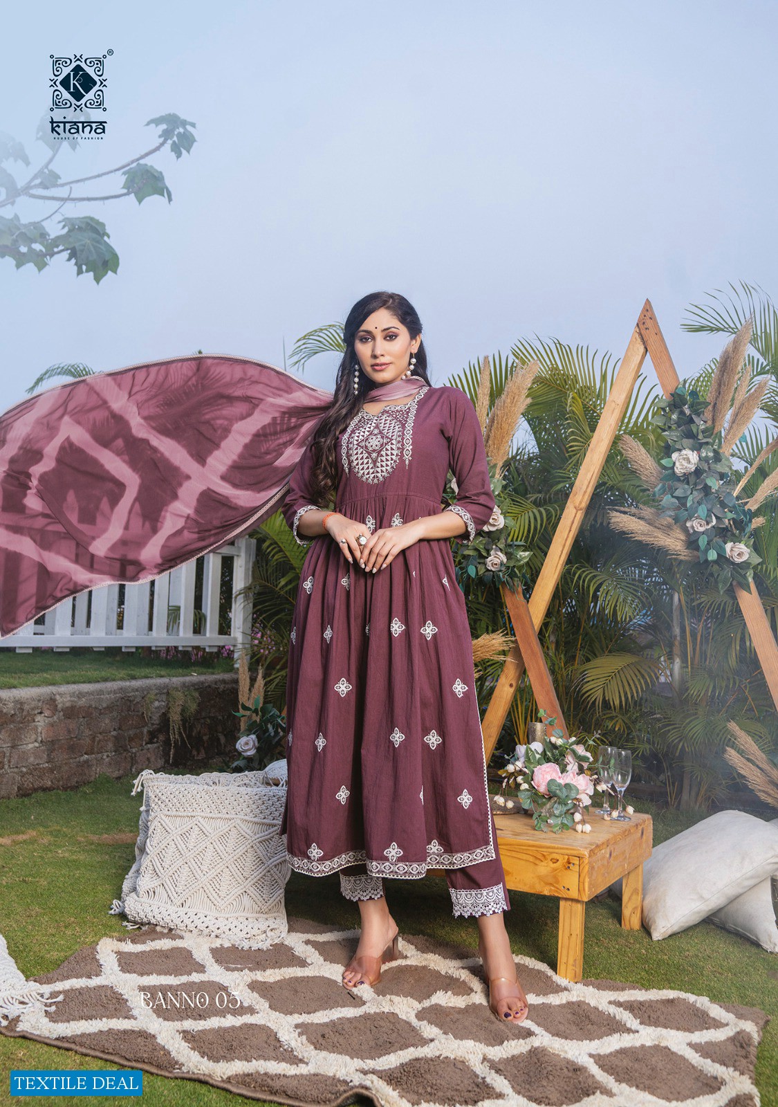 Kiana Banno Wholesale Pure Cotton Nayra Cut With Thread Hand Work Tops With Pant And Dupatta