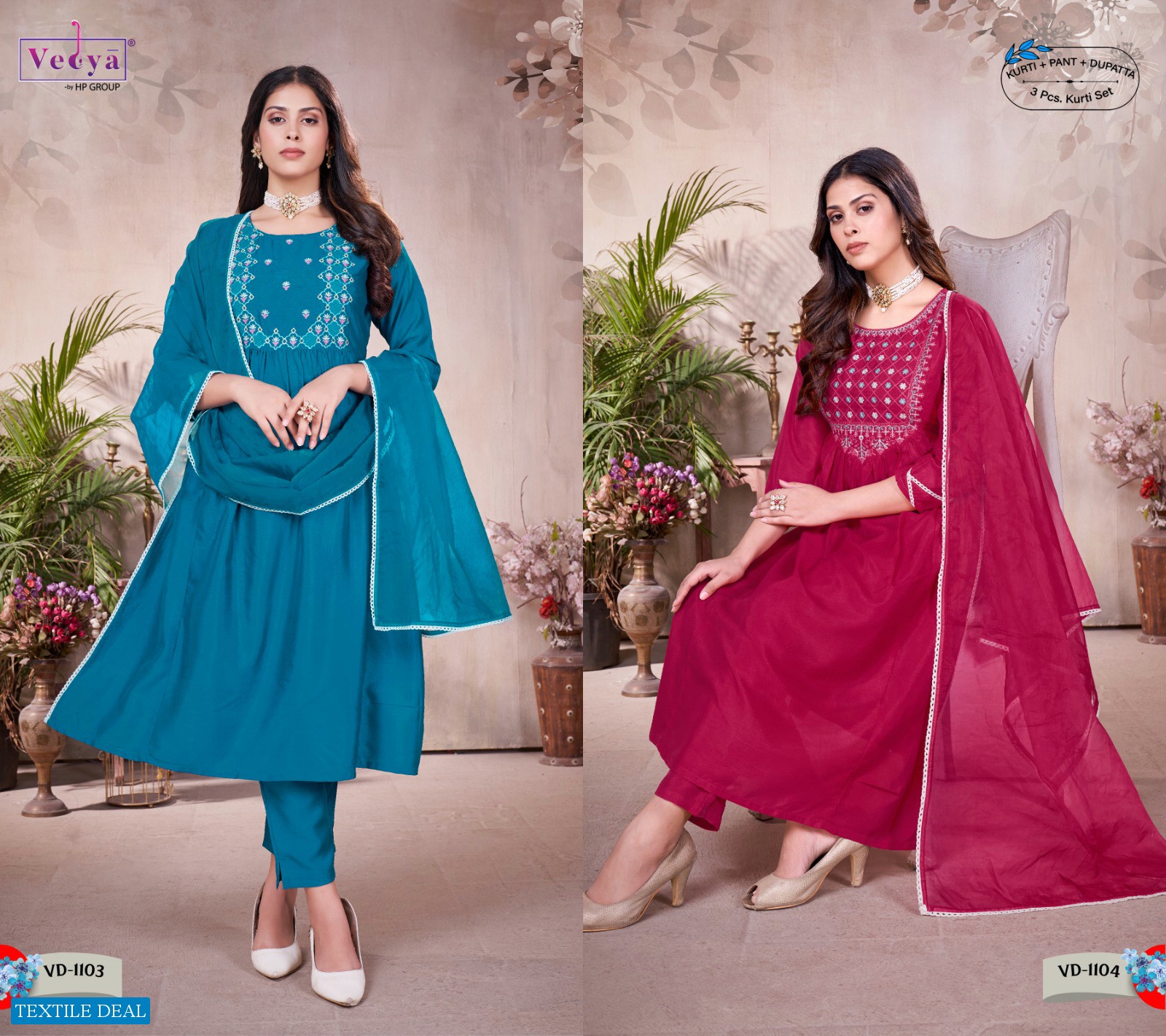 VEDYA PRESENT SAAR READYMADE 3 PCS SET DESIGNER KURTI PANT AND DUPATTA