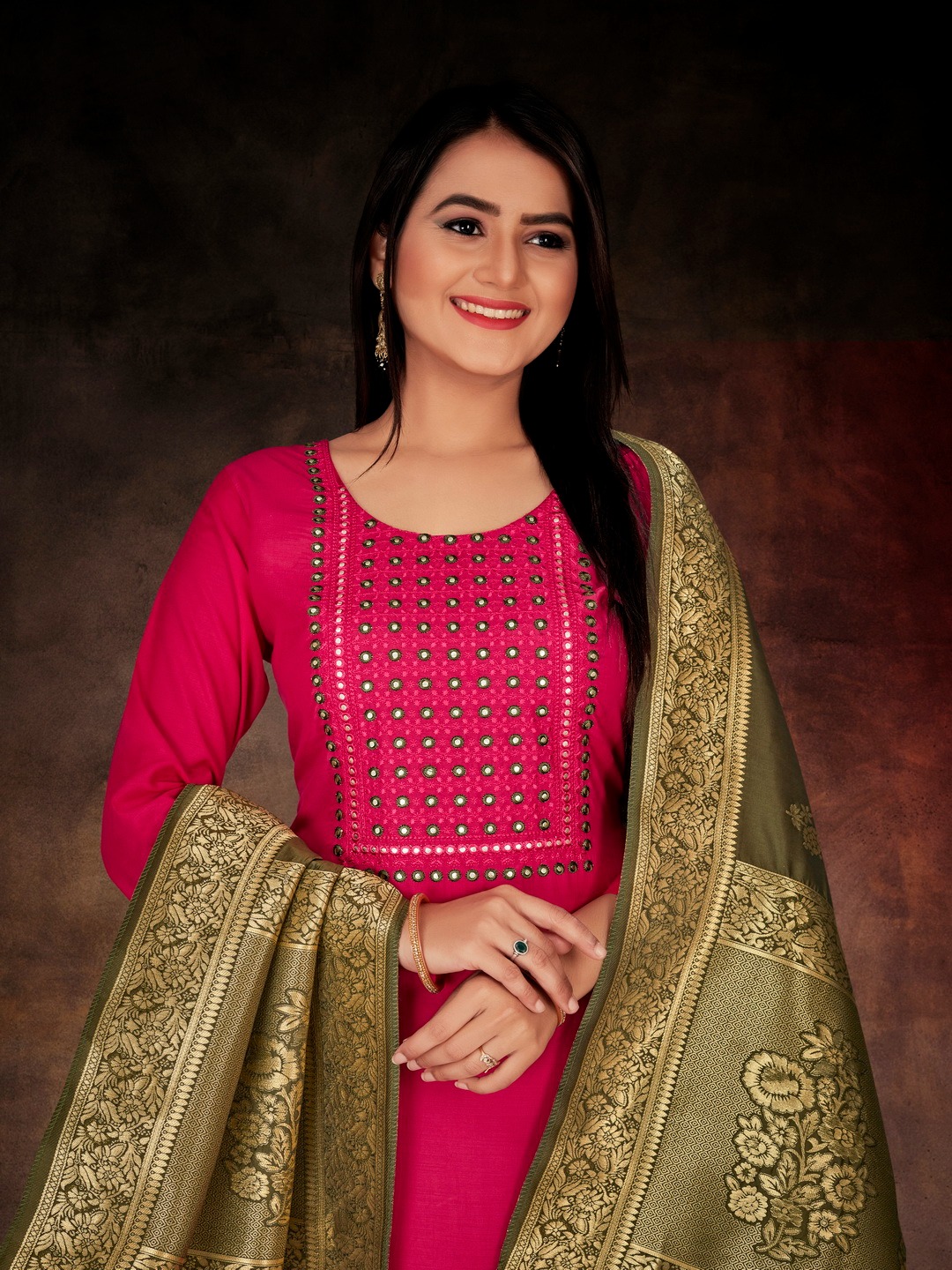 Aarti Kesariya Wholesale Chinon Silk Full Stitched 3 Piece Salwar Suits