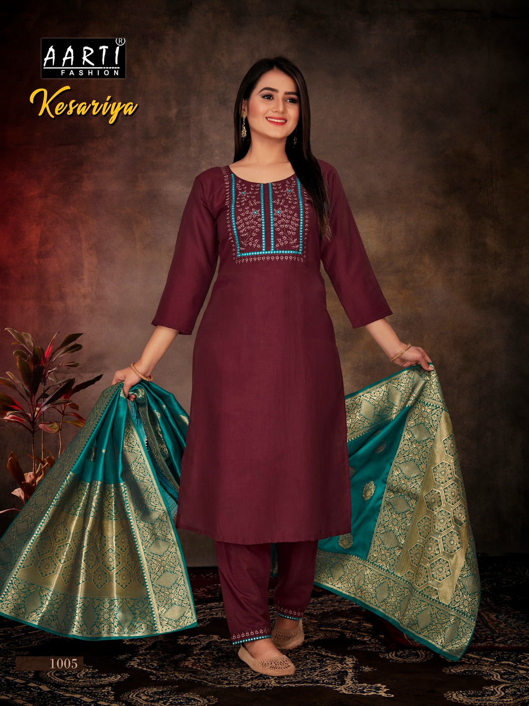 Aarti Kesariya Wholesale Chinon Silk Full Stitched 3 Piece Salwar Suits