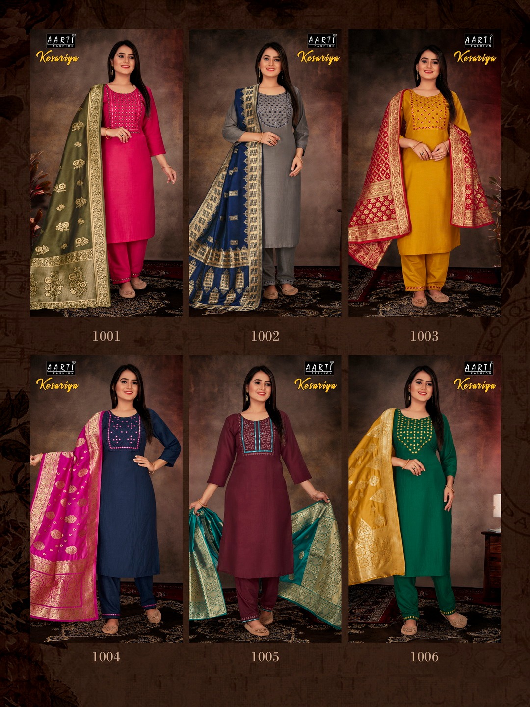 Aarti Kesariya Wholesale Chinon Silk Full Stitched 3 Piece Salwar Suits