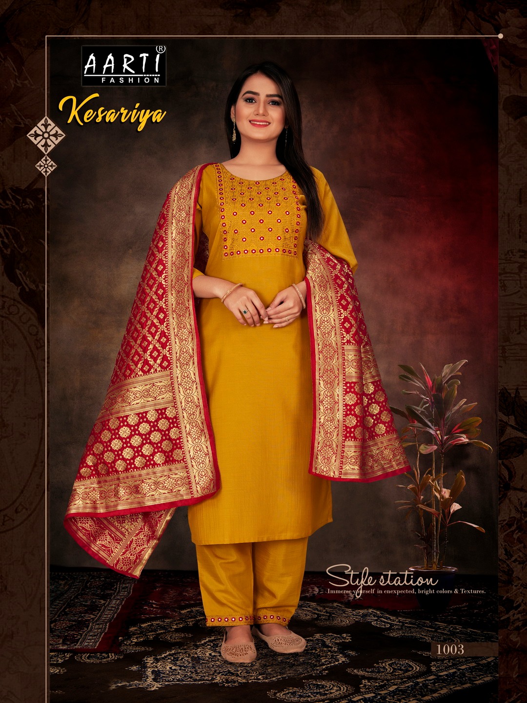 Aarti Kesariya Wholesale Chinon Silk Full Stitched 3 Piece Salwar Suits
