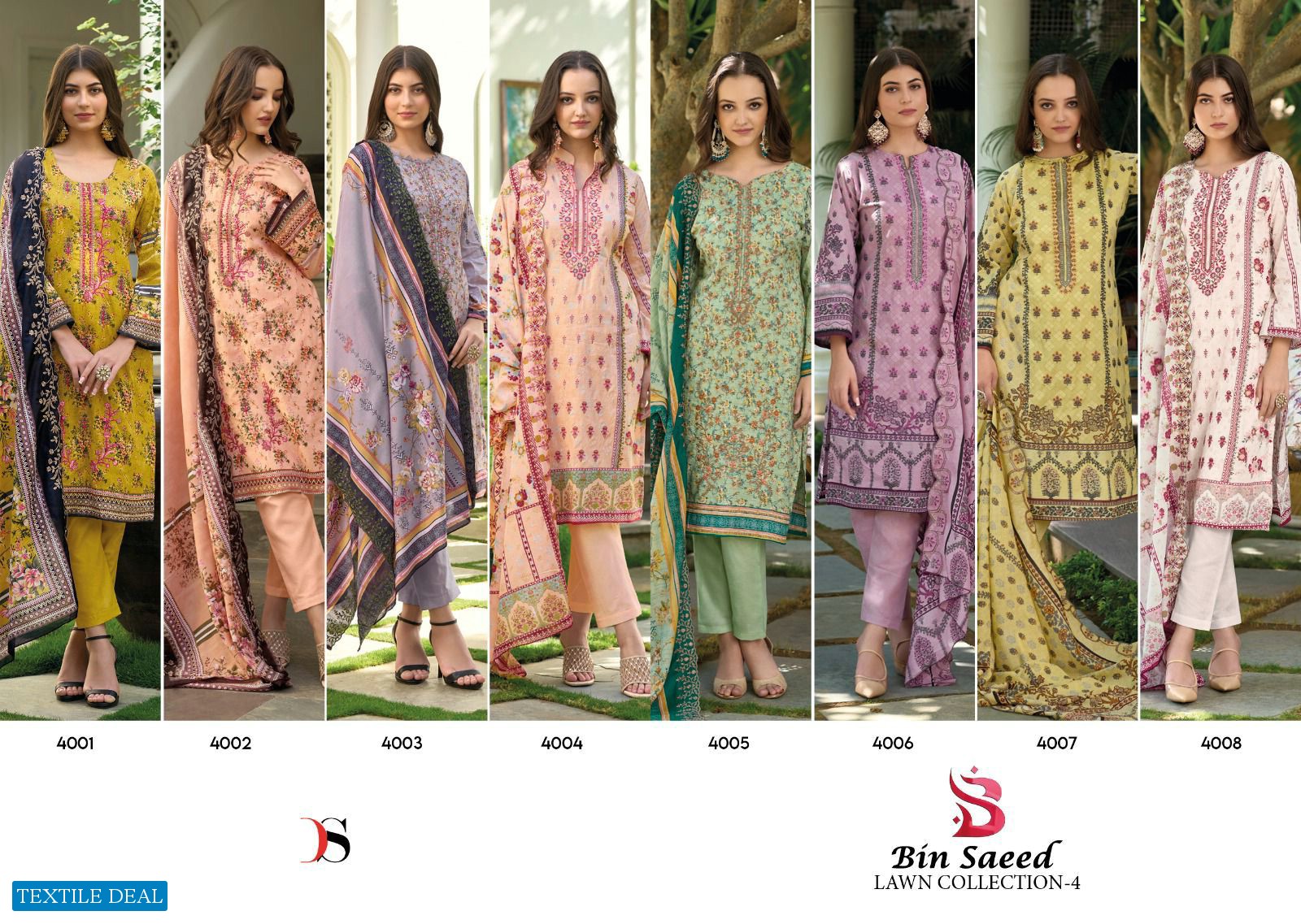 Deepsy Bin Saeed Lawn Collection Vol-4 Wholesale Pure Cotton With Self Embroidery Salwar Suits