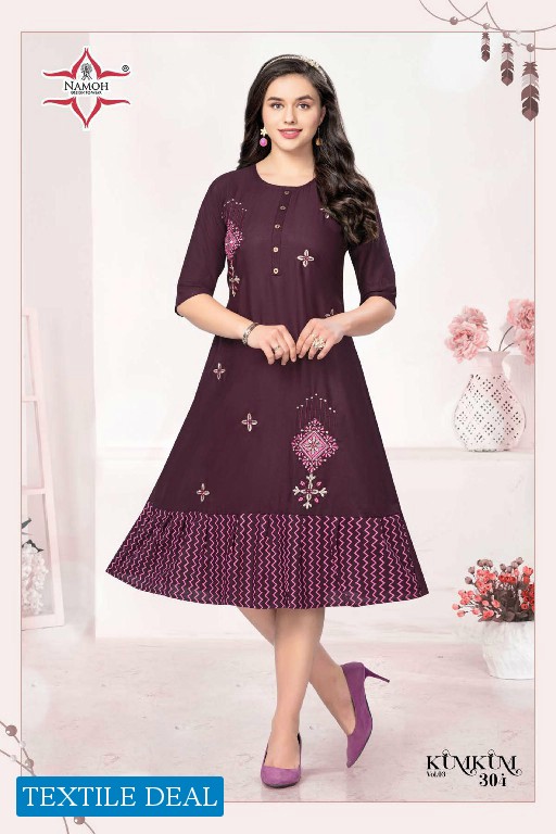 Namoh Kumkum Vol-3 Wholesale Heavy Reyon Slub With Embroidery Kurtis