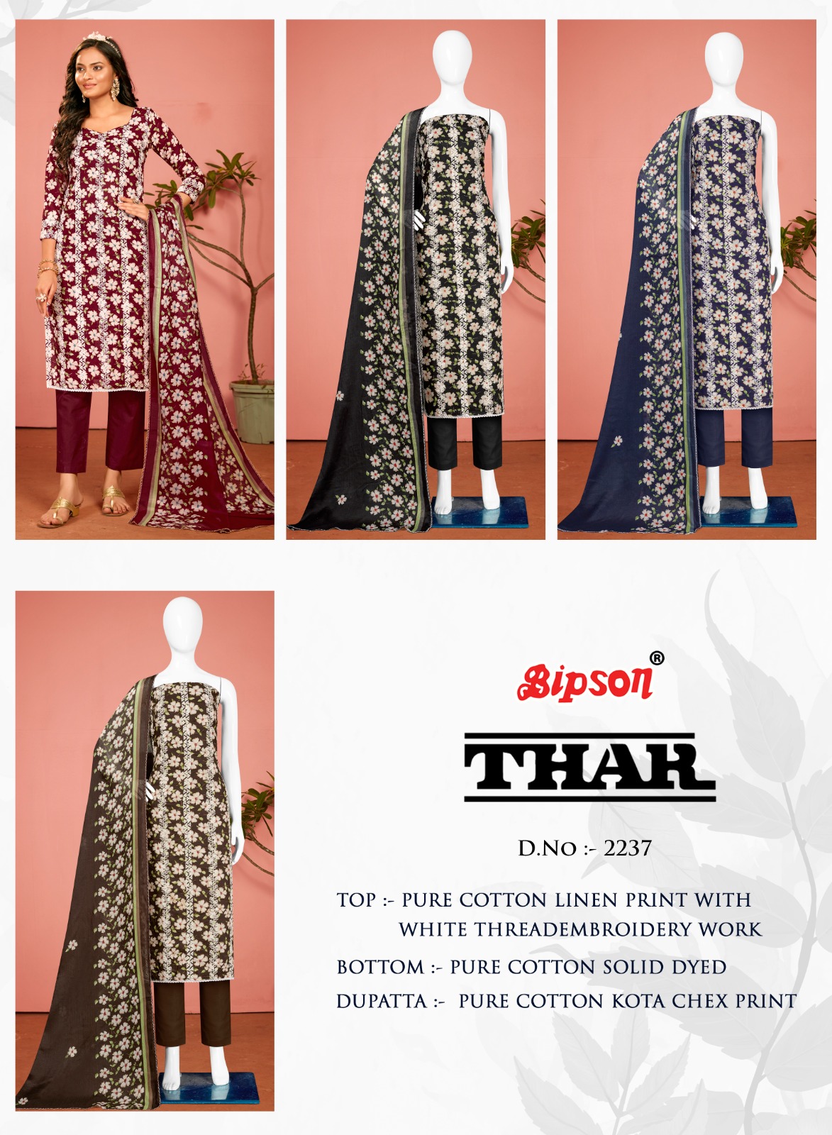 Bipson Thar 2237 Wholesale Pure Cotton Linen Embroidery Work Dress Material