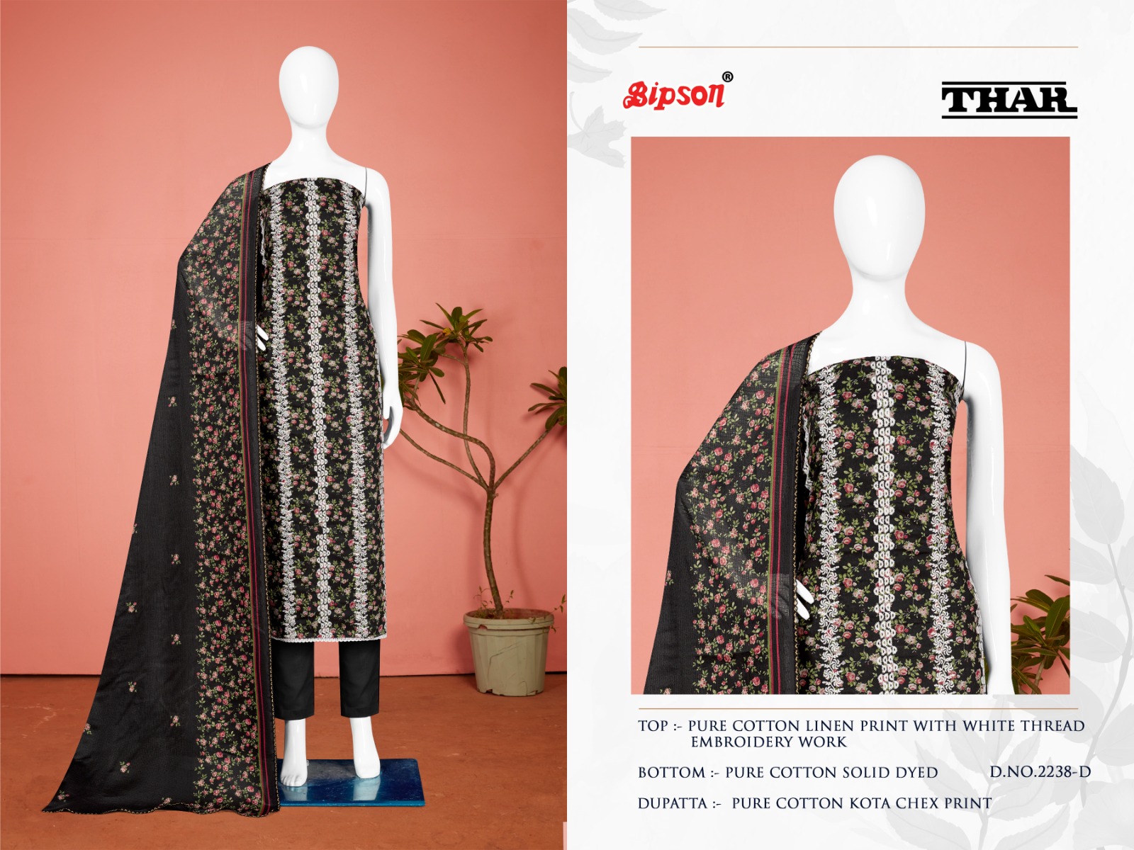 Bipson Thar 2238 Wholesale Pure Cotton Linen Embroidery Work Dress Material