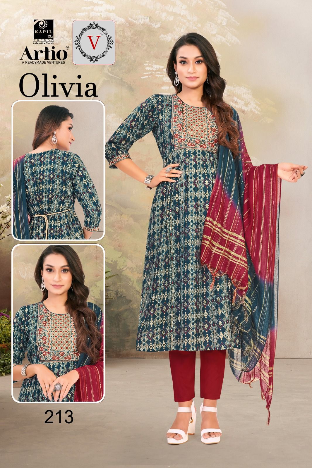 Artio Olivia Wholesale Ready Made 3 Piece Kurti With Pant And Dupatta