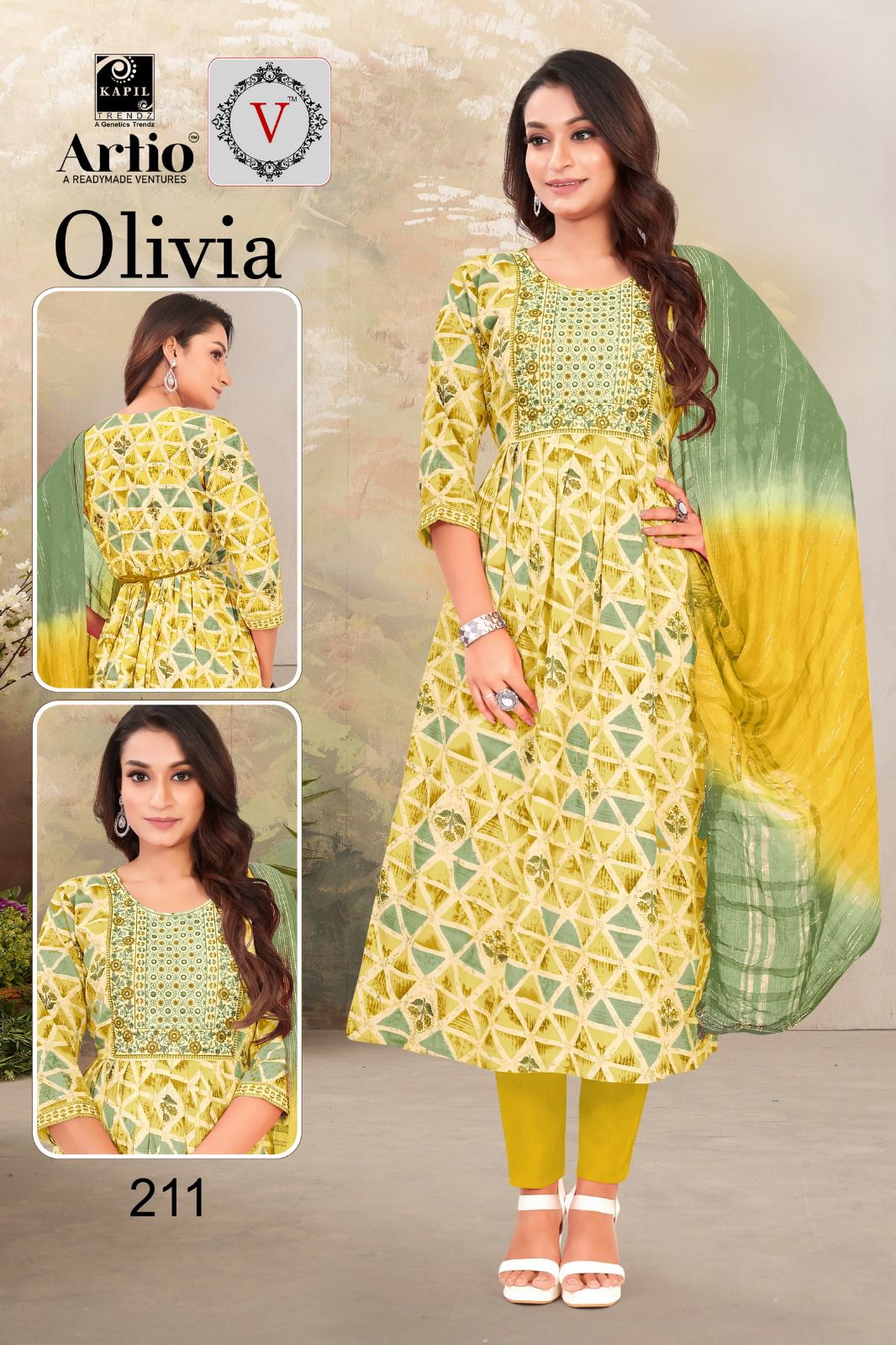 Artio Olivia Wholesale Ready Made 3 Piece Kurti With Pant And Dupatta