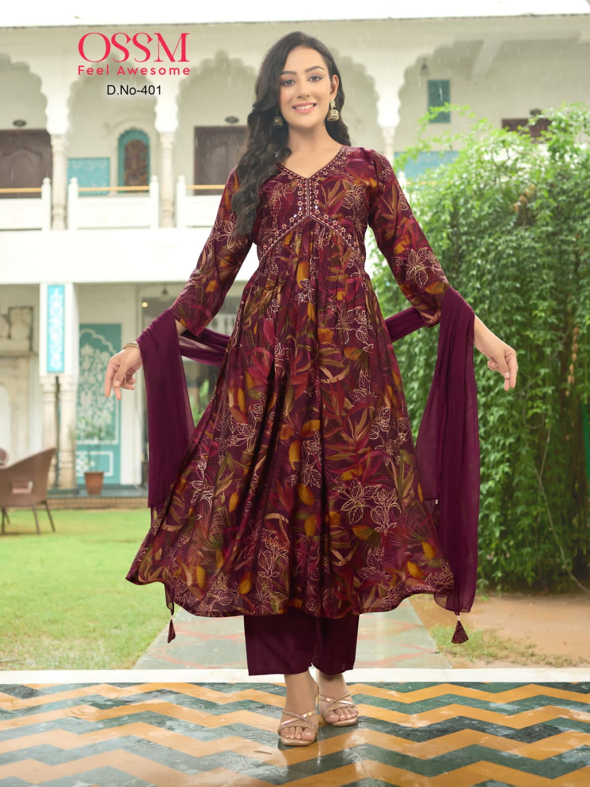 RESHAM VOL 4 BY OSSM FANCY 3PCS SET ALIA CUT KURTI WITH PANT AND NAZEEN DUPATTA