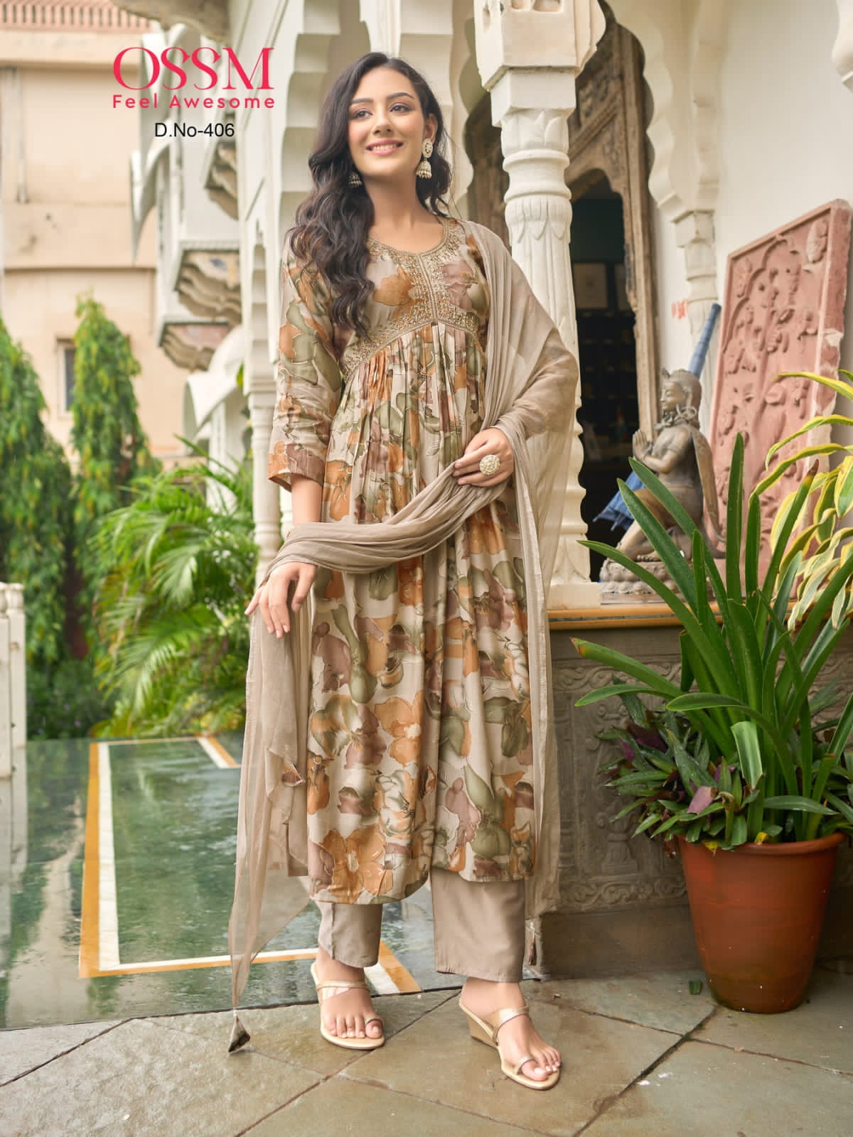 RESHAM VOL 4 BY OSSM FANCY 3PCS SET ALIA CUT KURTI WITH PANT AND NAZEEN DUPATTA