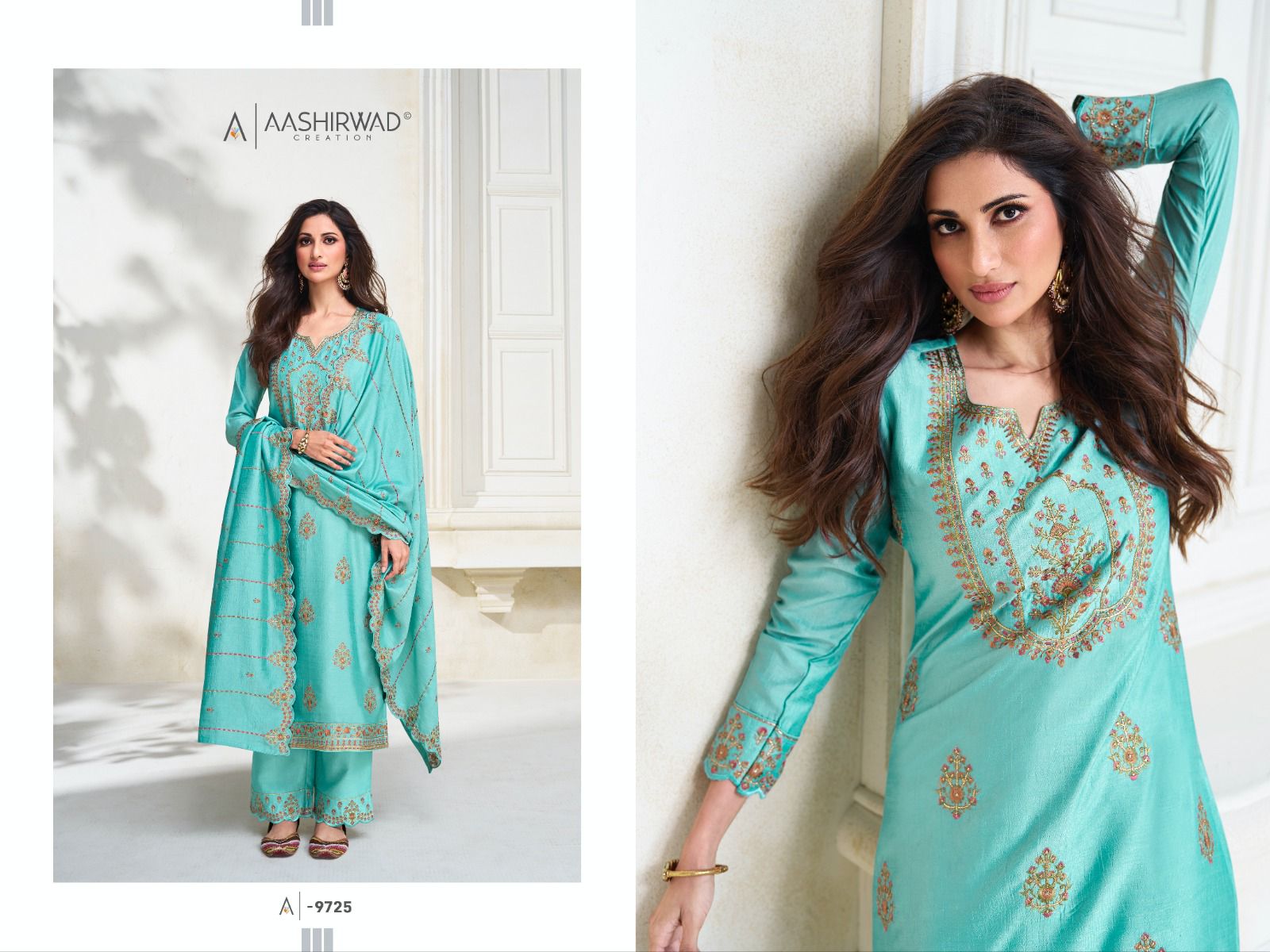 AASHIRWAD CREATION GULKAND OLIVE DESIGNER PREMIUM SILK UNSTITCH COLLECTION 3PCS SUIT