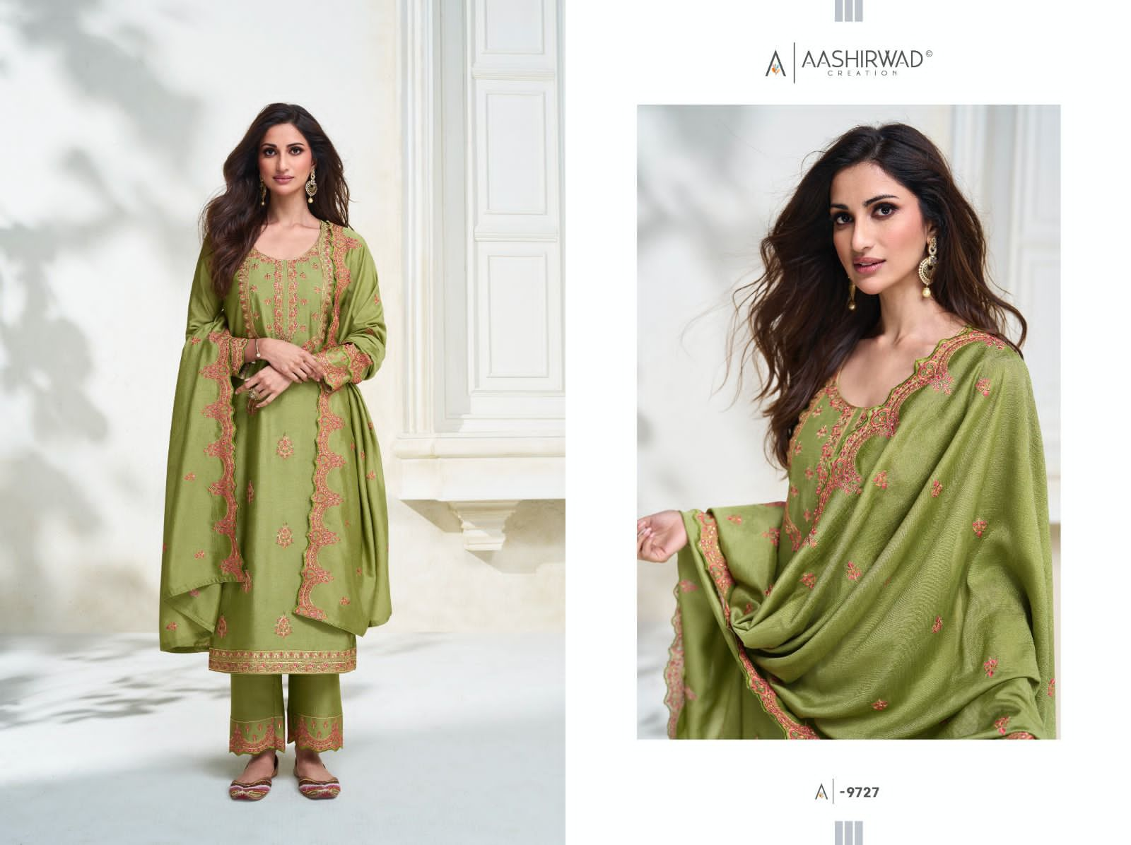 AASHIRWAD CREATION GULKAND OLIVE DESIGNER PREMIUM SILK UNSTITCH COLLECTION 3PCS SUIT