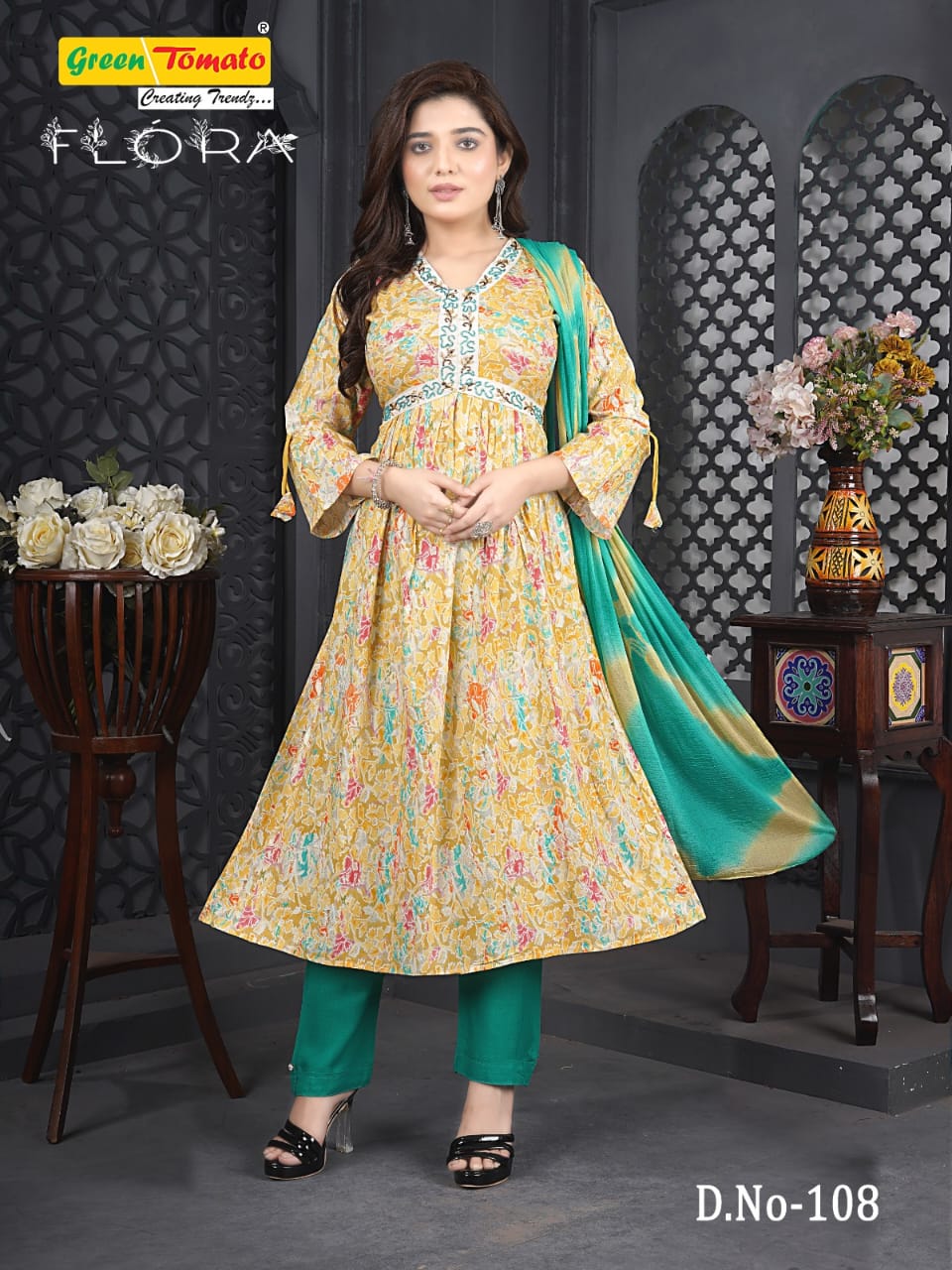 Green Tomato Flora Wholesale Rayon Foil Print Aaliya Kurti With Pants And Dupatta